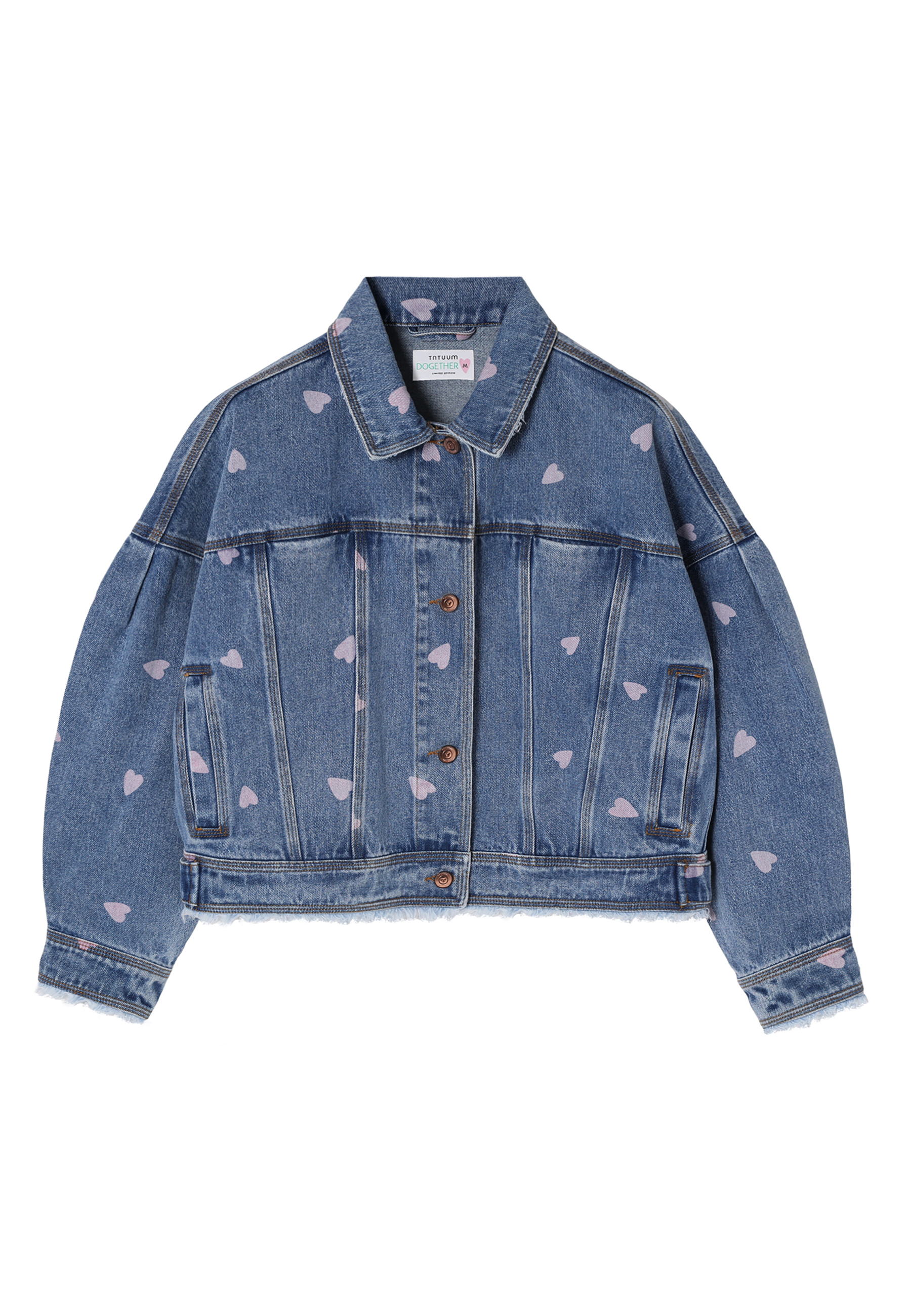 OVERSIZED LADIES' DENIM JACKET PRINTED WITH HEARTS - NAMIA