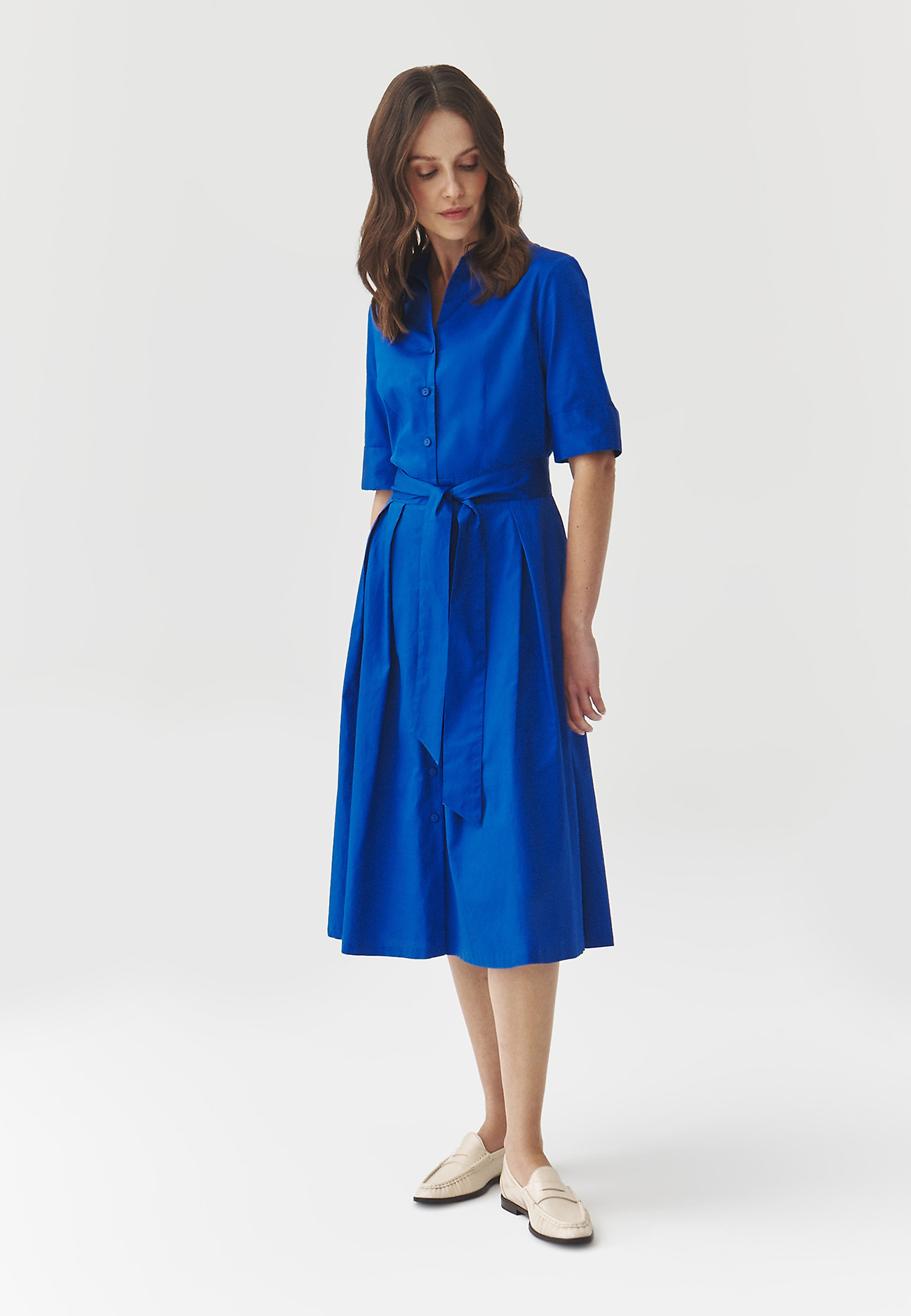 SHORT-SLEEVED FLARED MIDI DRESS — NIKI SHORT-SLEEVED FLARED MIDI DRESS — NIKI BLUE 108346