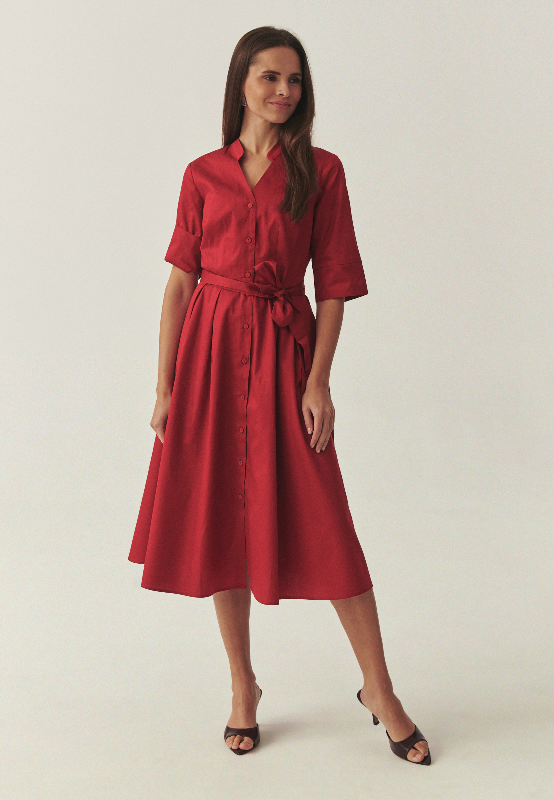 BAWEŁNIANA SUKIENKA Z TKANINOWYM PASKIEM - TIRAMI CZERWONY 2