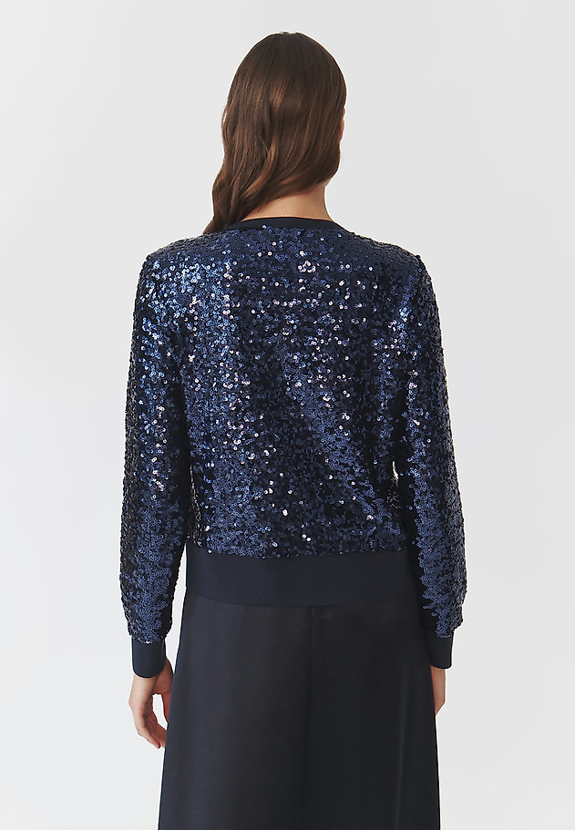 LADIES' KNITTED BOMBER WITH SEQUIN TRIM — SARKI LADIES' KNITTED BOMBER WITH SEQUIN TRIM — SARKI GRANATOWY 3