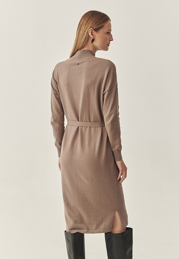 KNITTED LADIES' DRESS WITH TIE WAIST BELT - AZALEA color BROWN KNITTED LADIES' DRESS WITH TIE WAIST BELT - AZALEA color BROWN