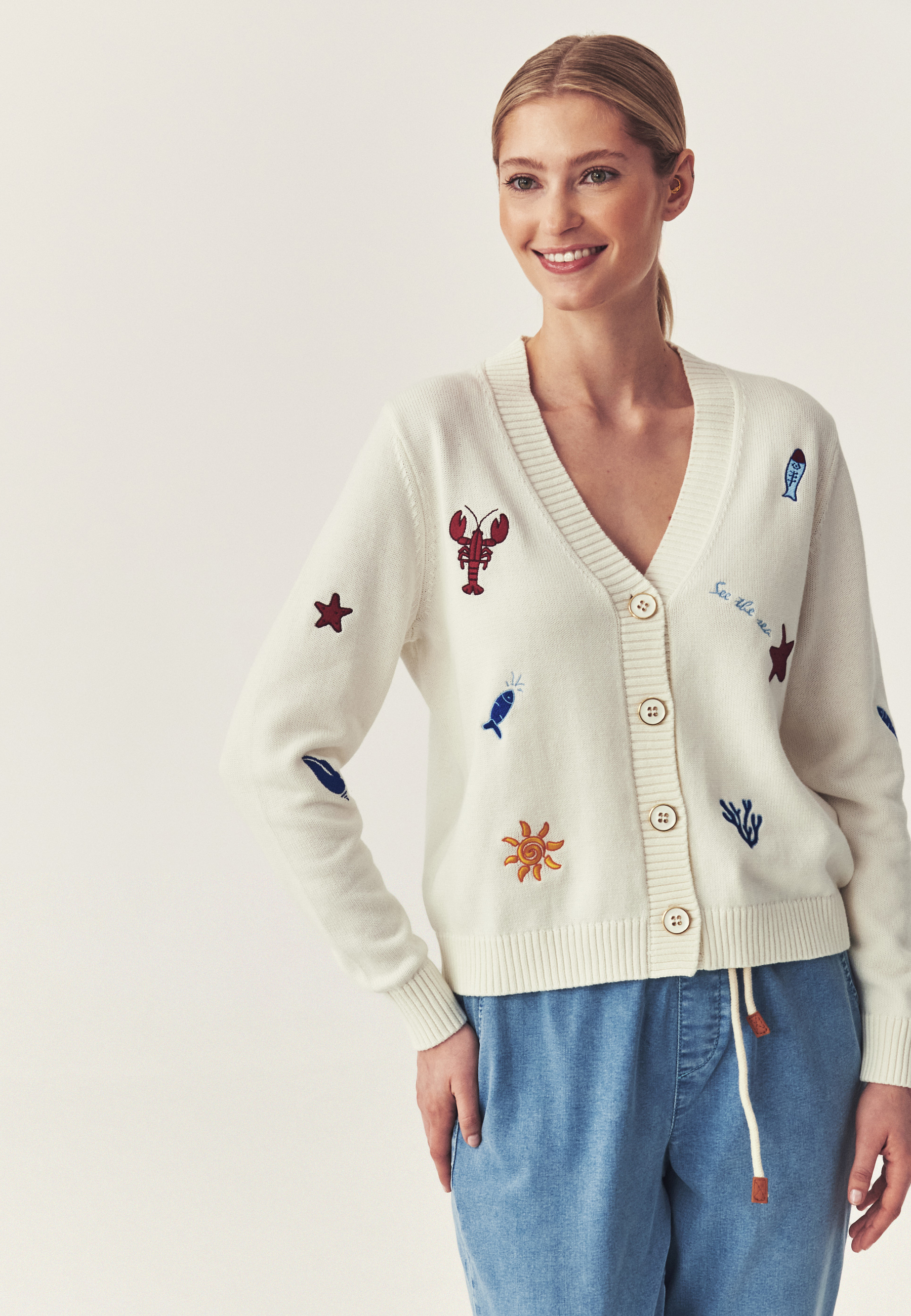 HAFTOWANY KARDIGAN Z BAWEŁNY - TEDA ECRU 2