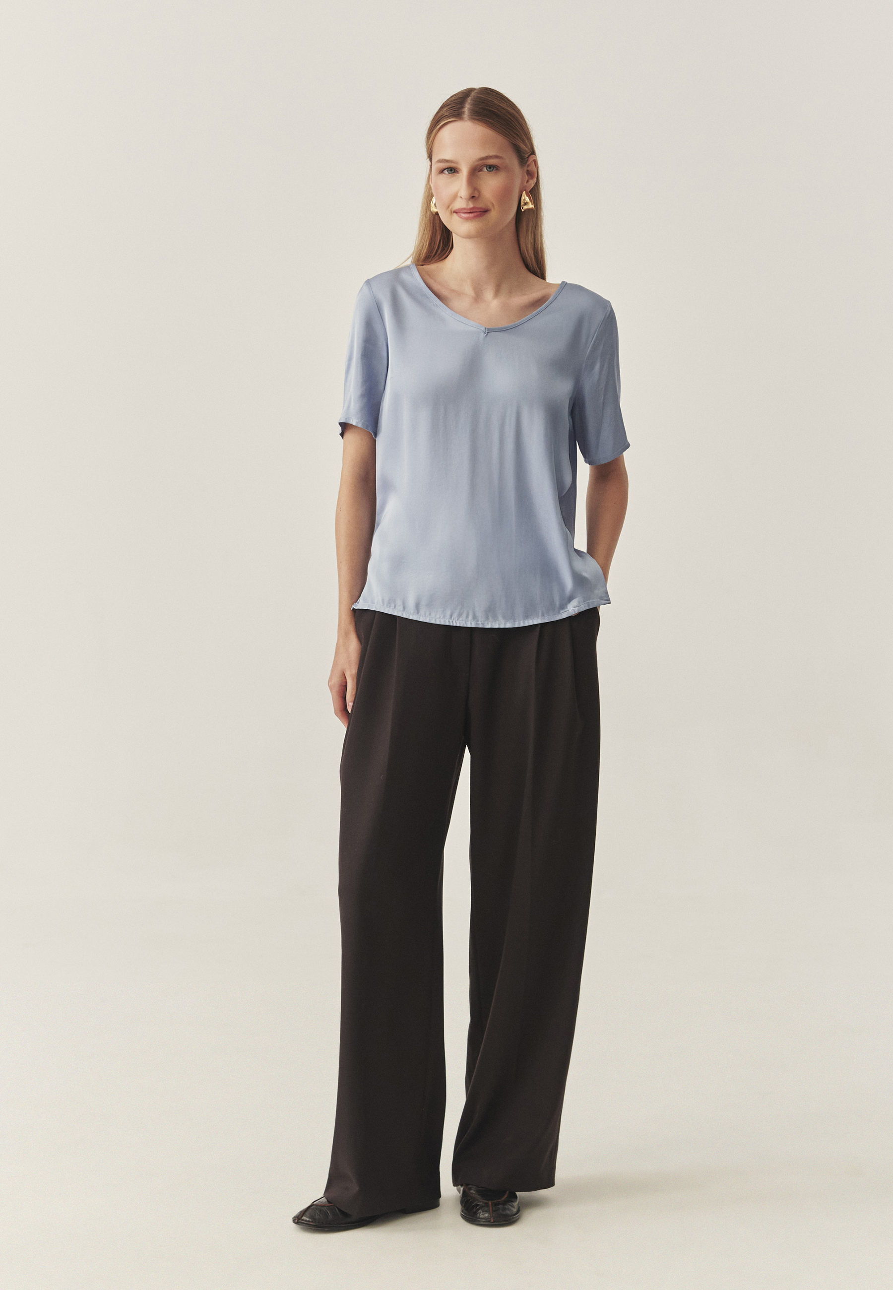 BLUZĂ DE DAMĂ, DIN SATIN, CU MÂNECI SCURTE - MEKONGA ALBASTRU 2