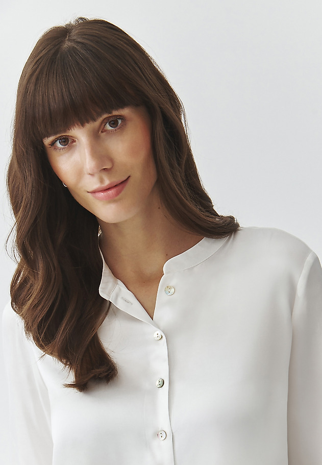 LADIES' FABRIC SHIRT WITH STAND-UP COLLAR AND SATIN TRIM — STENDI LADIES' FABRIC SHIRT WITH STAND-UP COLLAR AND SATIN TRIM — STENDI ECRU 4