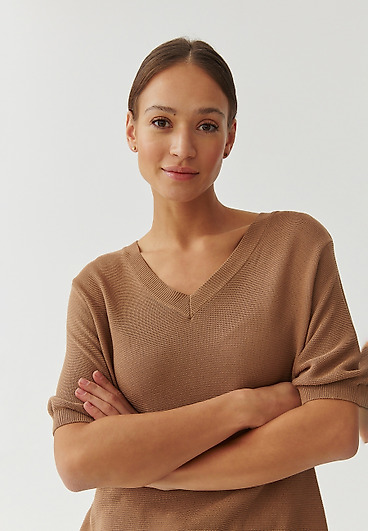 PULOVER DE DAMĂ, CU MÂNECI SCURTE ȘI DECOLTEU ÎN FORMA LITEREI „V” - FOKIA PULOVER DE DAMĂ, CU MÂNECI SCURTE ȘI DECOLTEU ÎN FORMA LITEREI „V” - FOKIA