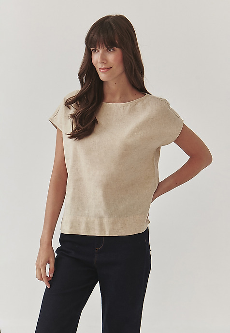 LADIES’ LINEN BLOUSE WITH SHORT SLEEVES - OMA BEIGE 2