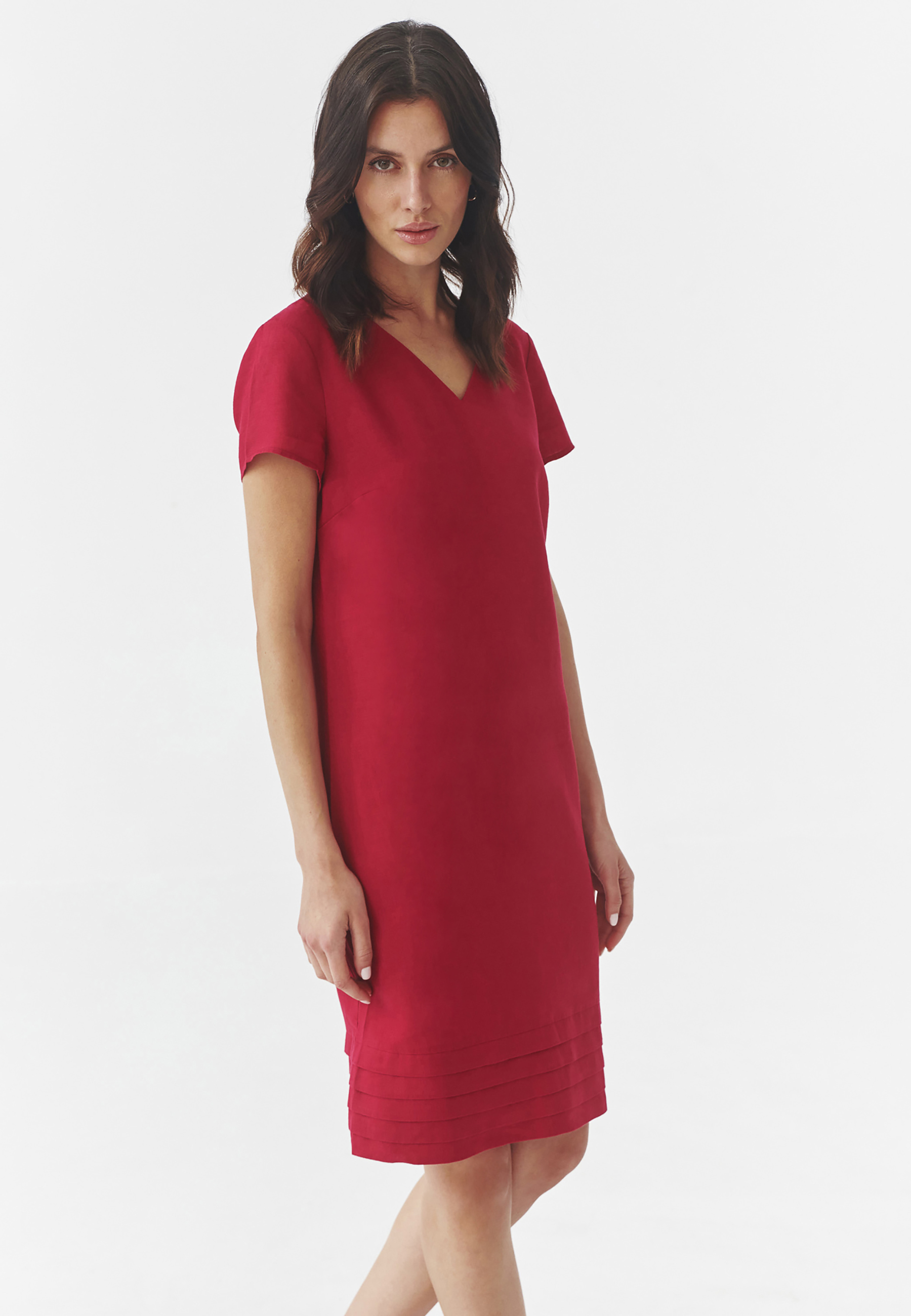 LNIANA TRAPEZOWA SUKIENKA Z KRÓTKIM RĘKAWEM - TWIGA