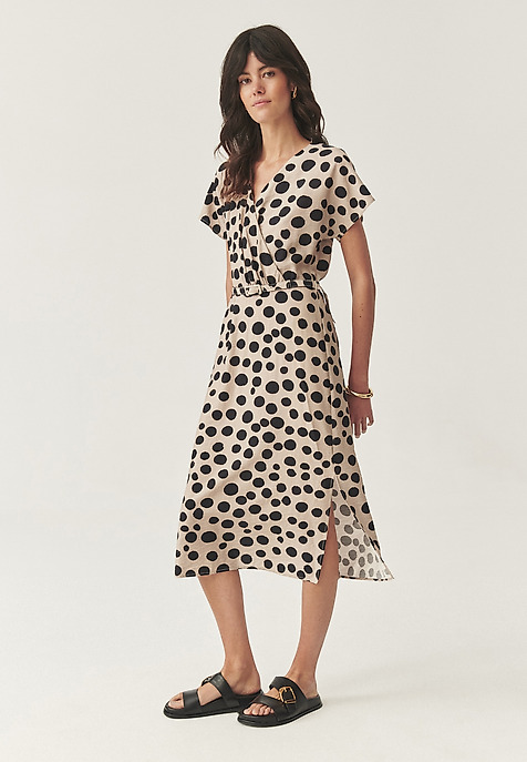 KOPERTOWA SUKIENKA MIDI Z AUTORSKIM WZOREM - MONESTA BEŻOWY 2