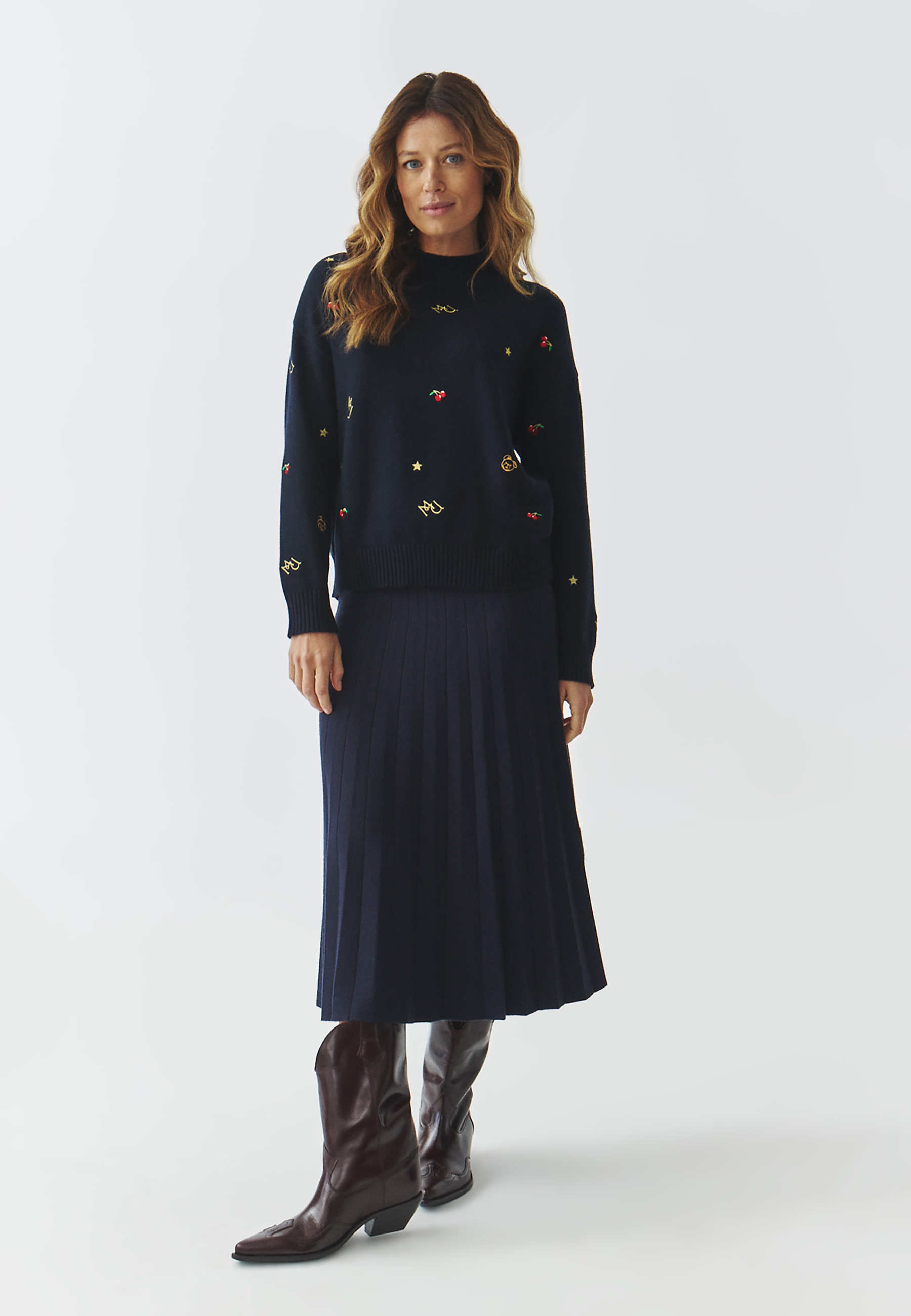 PLISOWANA SPÓDNICA Z SOLIDNEJ PRZĘDZY — WOTOLA GRANATOWY 2