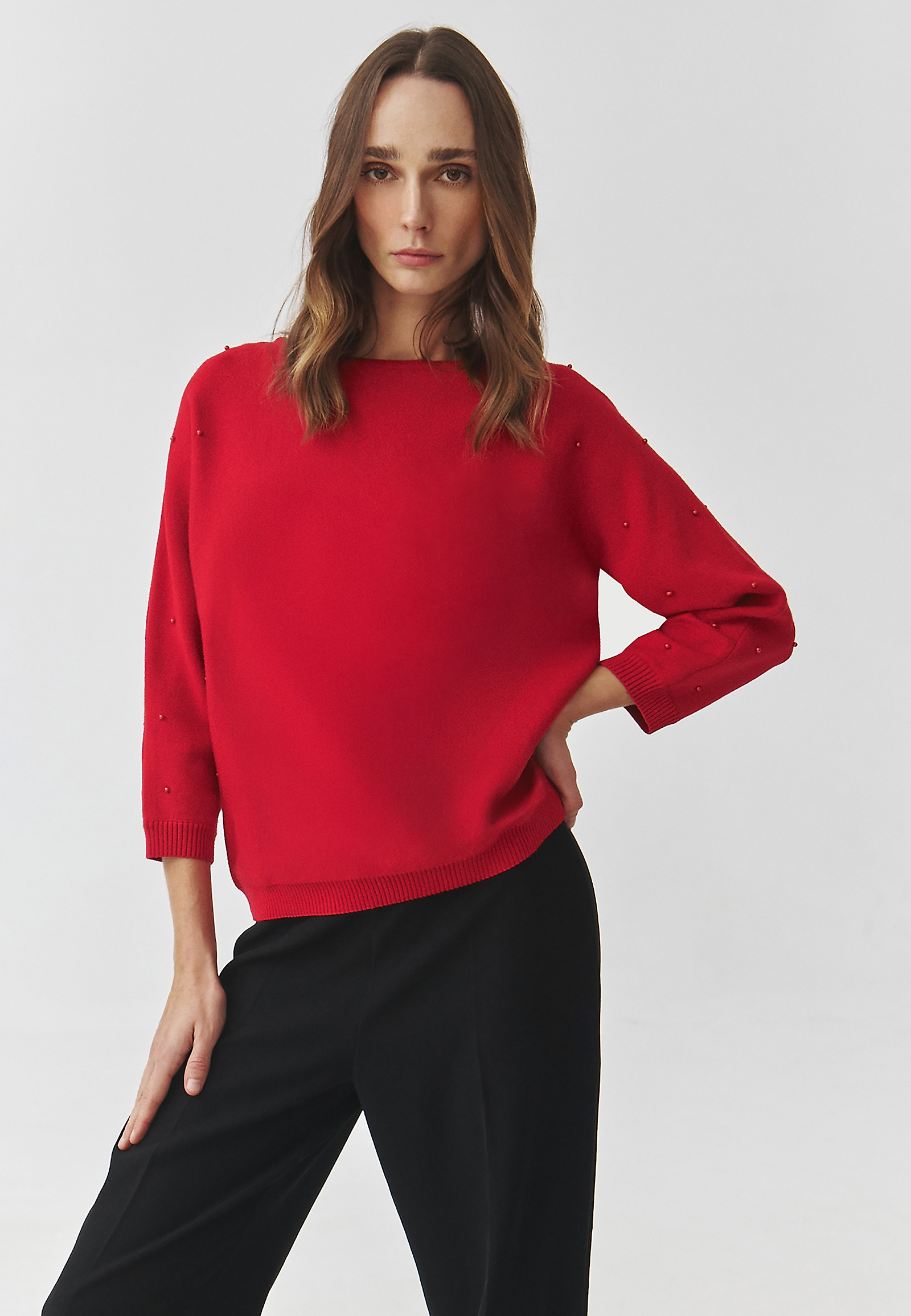 HÖLGYEK KARDIGÁN DÍSZGOLYÓKKAL — PERLO HÖLGYEK KARDIGÁN DÍSZGOLYÓKKAL — PERLO PIROS 102836