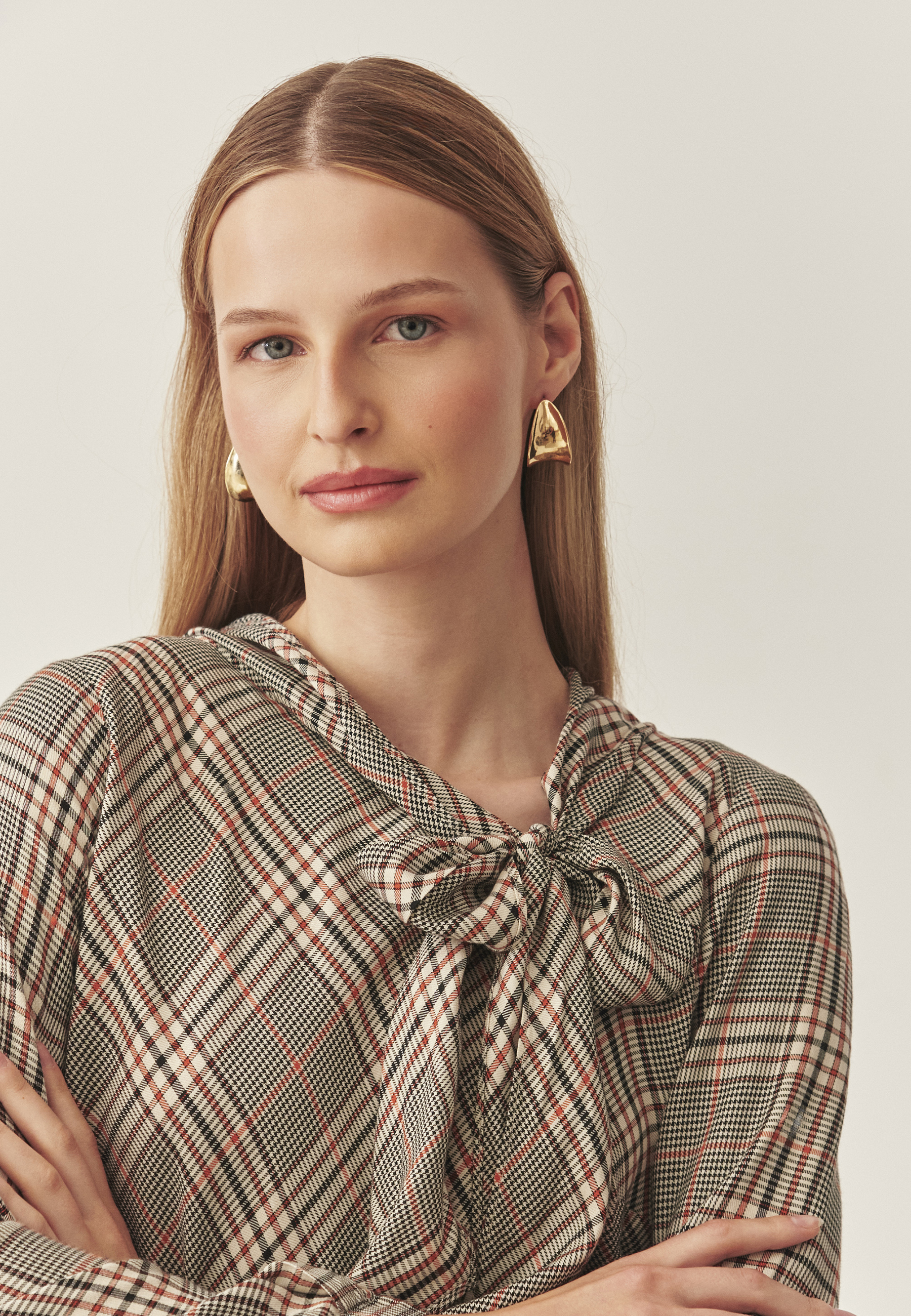 CHECKERED FABRIC BLOUSE WITH DECORATIVE BINDING AT NECKLINE — TUTTI MULTICOLOR 2