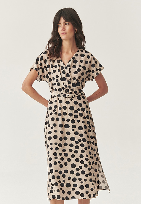 KOPERTOWA SUKIENKA MIDI Z AUTORSKIM WZOREM - MONESTA BEŻOWY 2