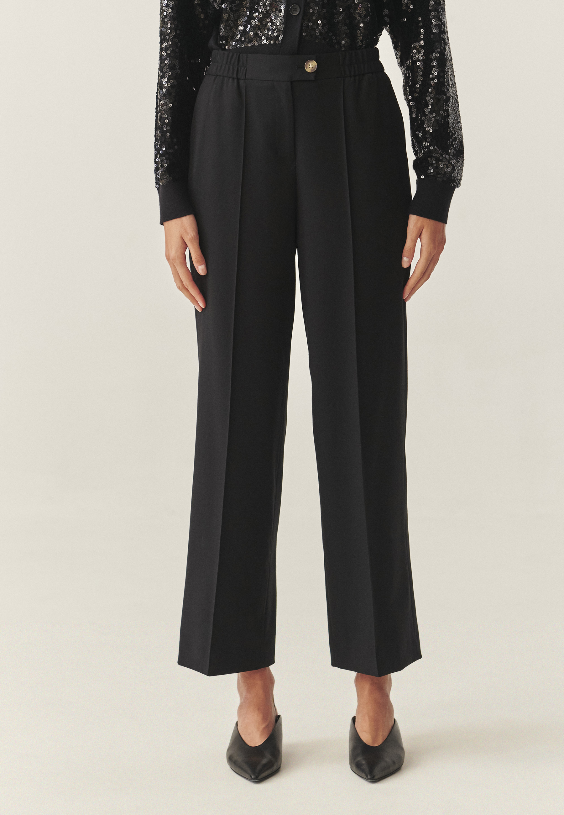 ELEGANT ŠIROKE HLAČE S PREGIBI - MINTO ČRNA 2