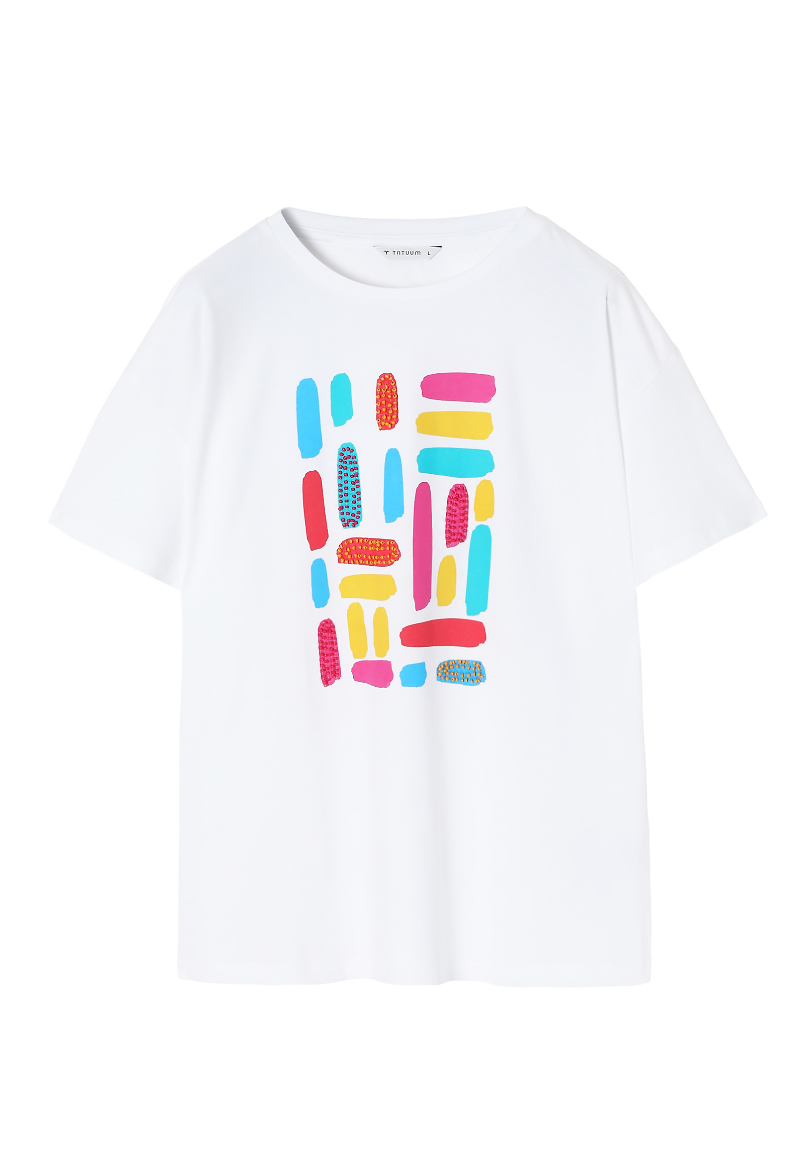TRICOU DE DAMĂ LEJER, CU IMPRIMEU LOCALIZAT ȘI MĂRGELE - MALATI TRICOU DE DAMĂ LEJER, CU IMPRIMEU LOCALIZAT ȘI MĂRGELE - MALATI ALB 98015