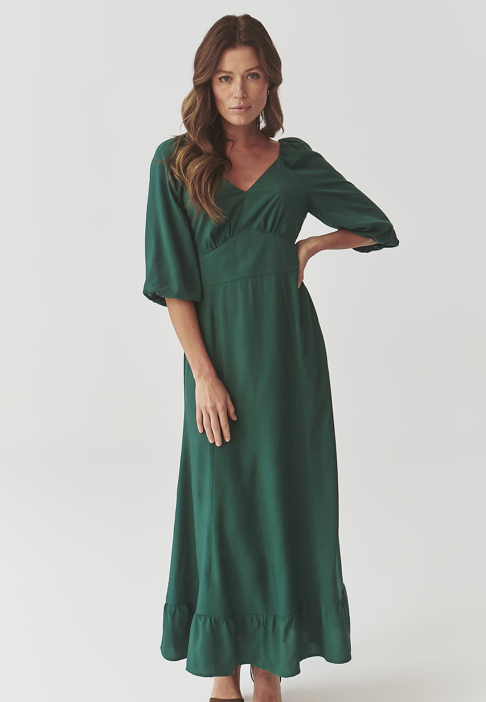LADIES’ MAXI DRESS WITH A FRILL - KONKIRO LADIES’ MAXI DRESS WITH A FRILL - KONKIRO GREEN 98164