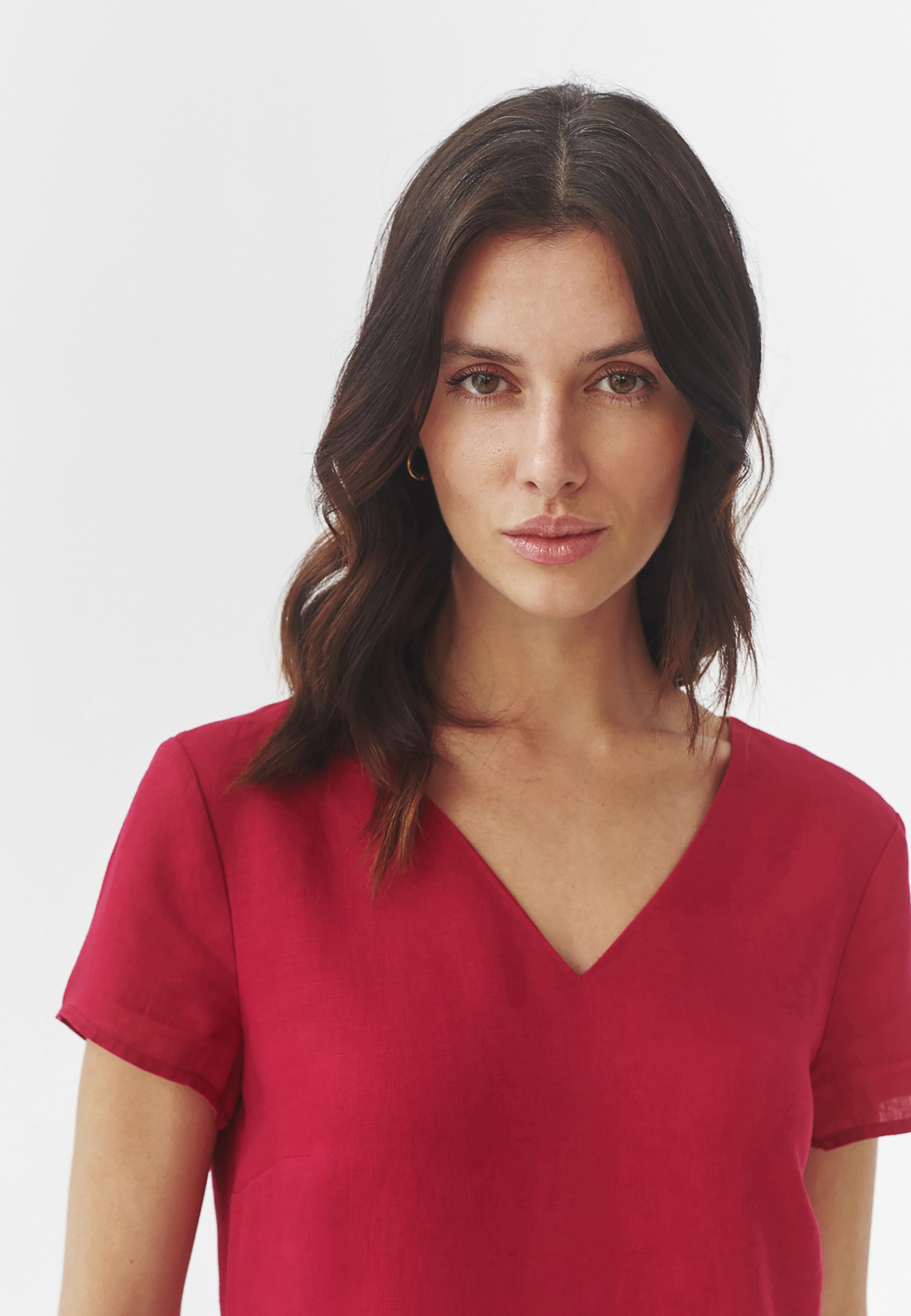 LNIANA TRAPEZOWA SUKIENKA Z KRÓTKIM RĘKAWEM - TWIGA