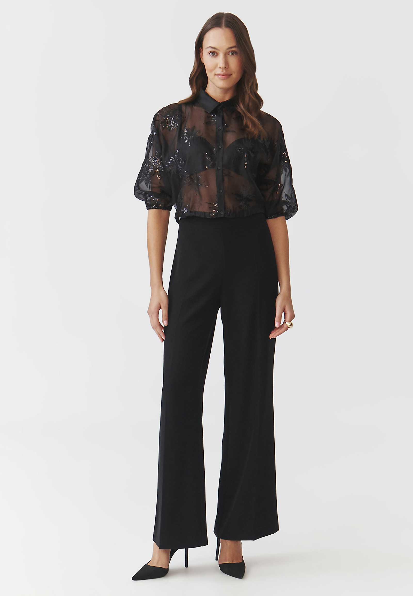 LADIES' SHORT WOVEN SHIRT WITH SEQUIN PATTERN — BRINI LADIES' SHORT WOVEN SHIRT WITH SEQUIN PATTERN — BRINI BLACK 102823