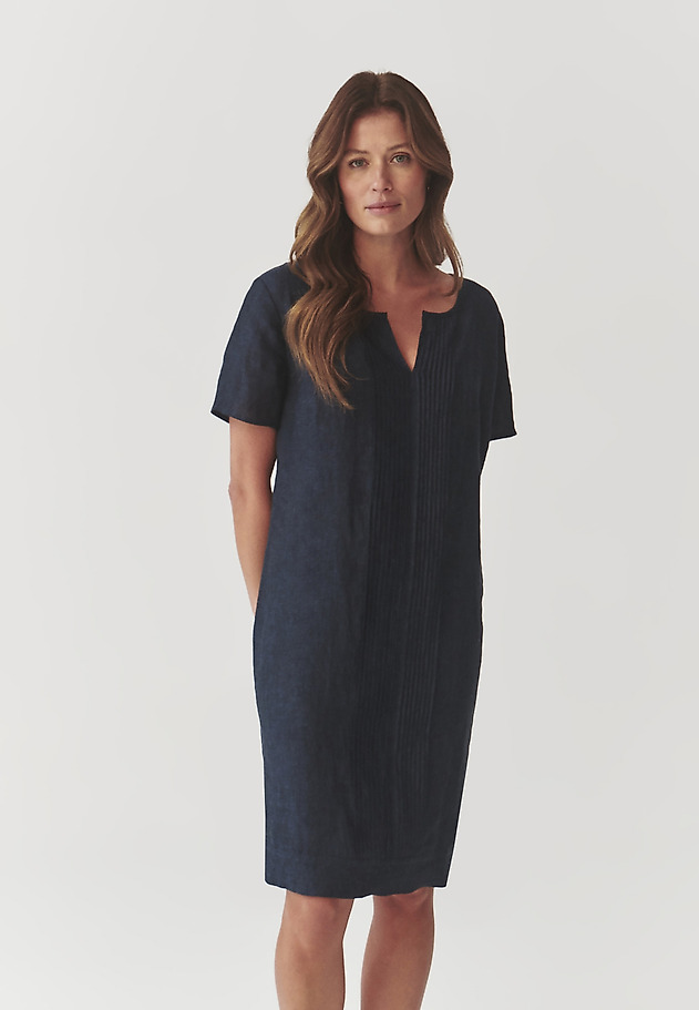 LADIES’ LINEN DRESS WITH DECORATIVE PLEAT - MELIANA LADIES’ LINEN DRESS WITH DECORATIVE PLEAT - MELIANA GRANATOWY 3