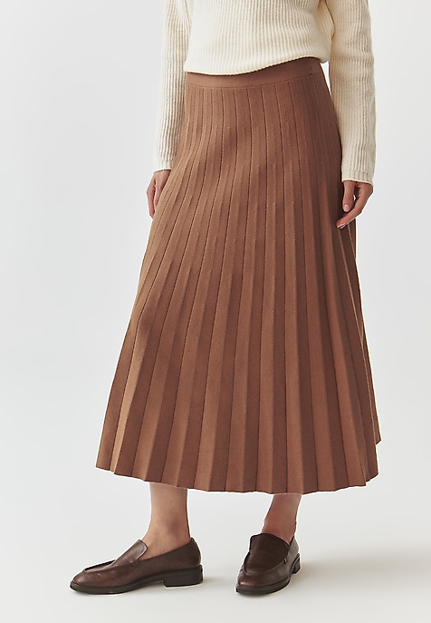 PLEATED MIDI SKIRT IN CHUNKY KNIT FABRIC — WOTO BEIGE 2