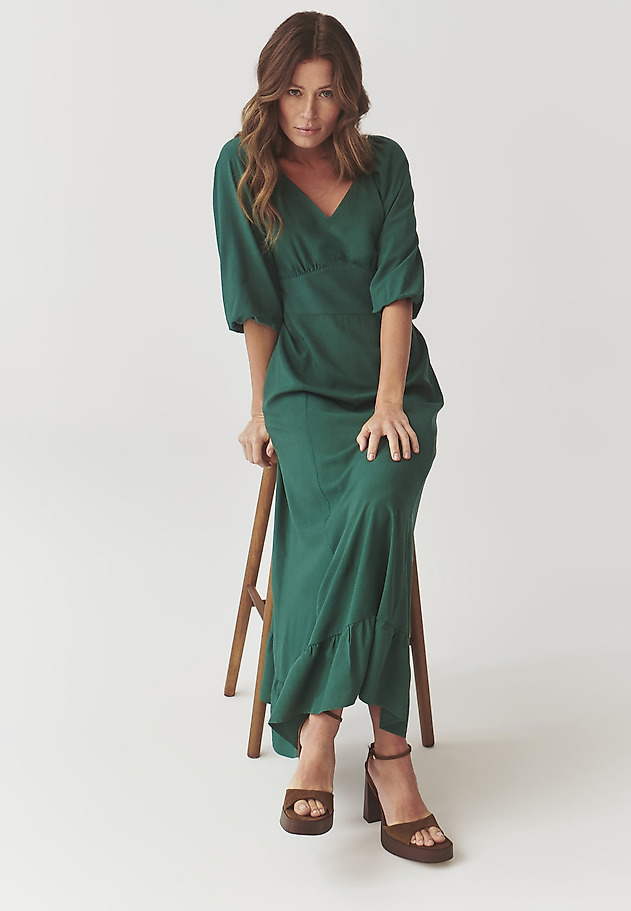 LADIES’ MAXI DRESS WITH A FRILL - KONKIRO LADIES’ MAXI DRESS WITH A FRILL - KONKIRO GREEN 1