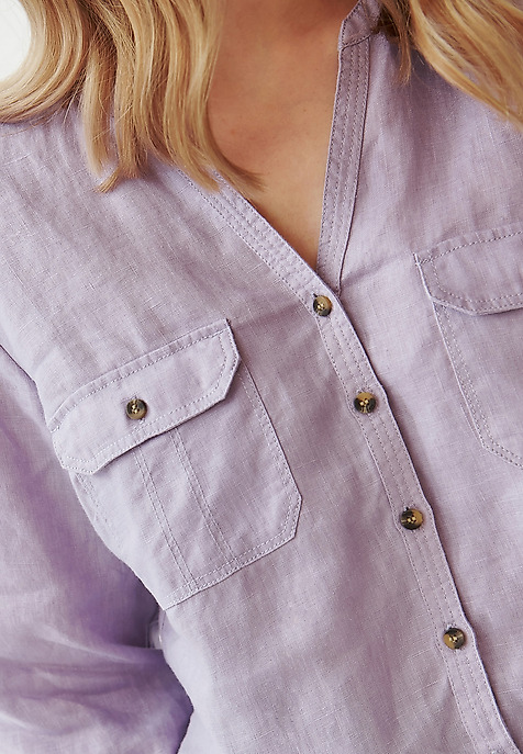 LADIES’ LINEN SHIRT WITH ROLLED-UP SLEEVES - JUSTYNA PURPLE 2