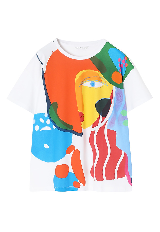 SWOBODNY T-SHIRT DAMSKI Z WIELOBARWNYM NADRUKIEM - MALATI 1 SWOBODNY T-SHIRT DAMSKI Z WIELOBARWNYM NADRUKIEM - MALATI 1 BIAŁY 5