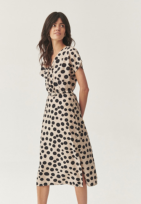 KOPERTOWA SUKIENKA MIDI Z AUTORSKIM WZOREM - MONESTA BEŻOWY 2