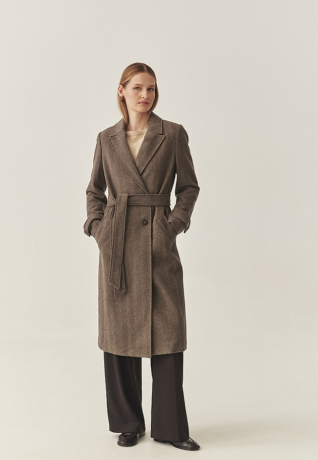 LADIES' DOUBLE-BREASTED HERRINGBONE FABRIC COAT