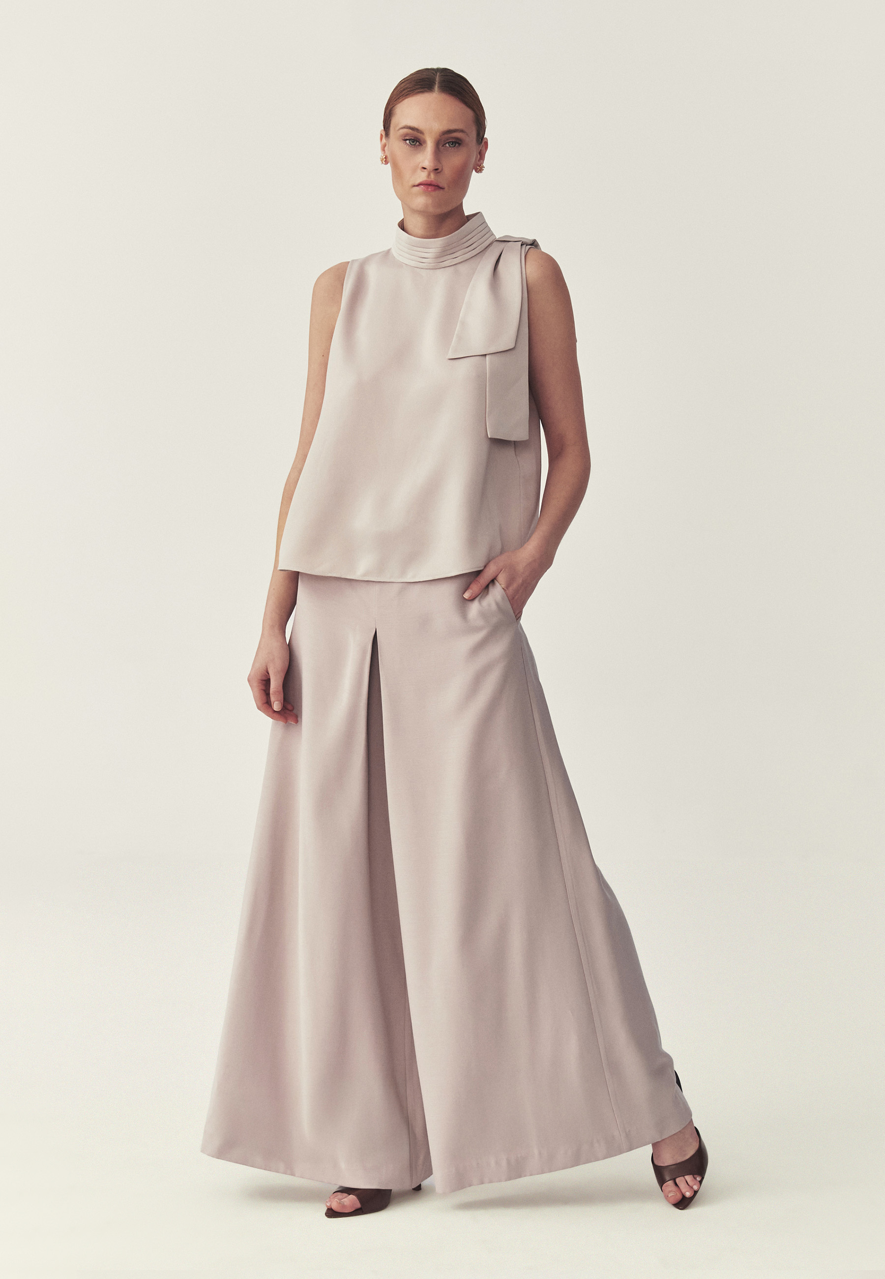 TKANINOWE SPODNIE Z SZEROKĄ NOGAWKĄ - MARKO BEŻOWY 2