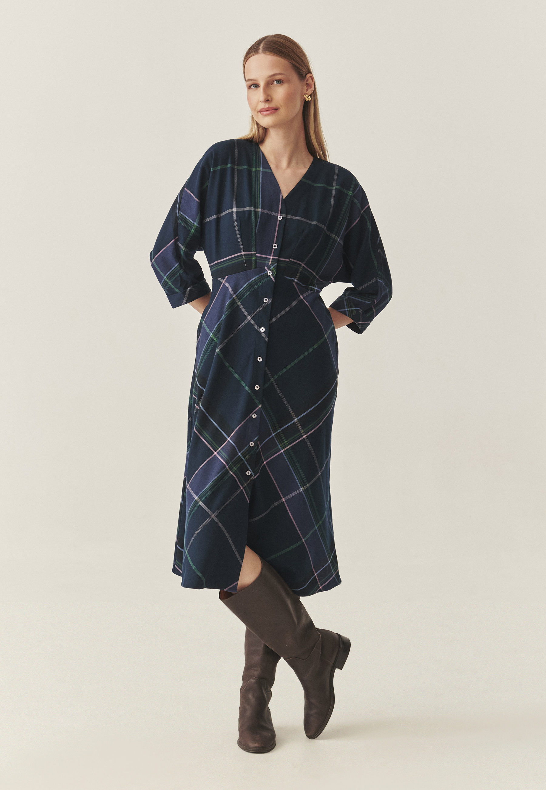 OBLEKA IZ KVAČKANE TKANINE S 3/4 ROKAVI - SAMOTALI VEČBARVNA 2