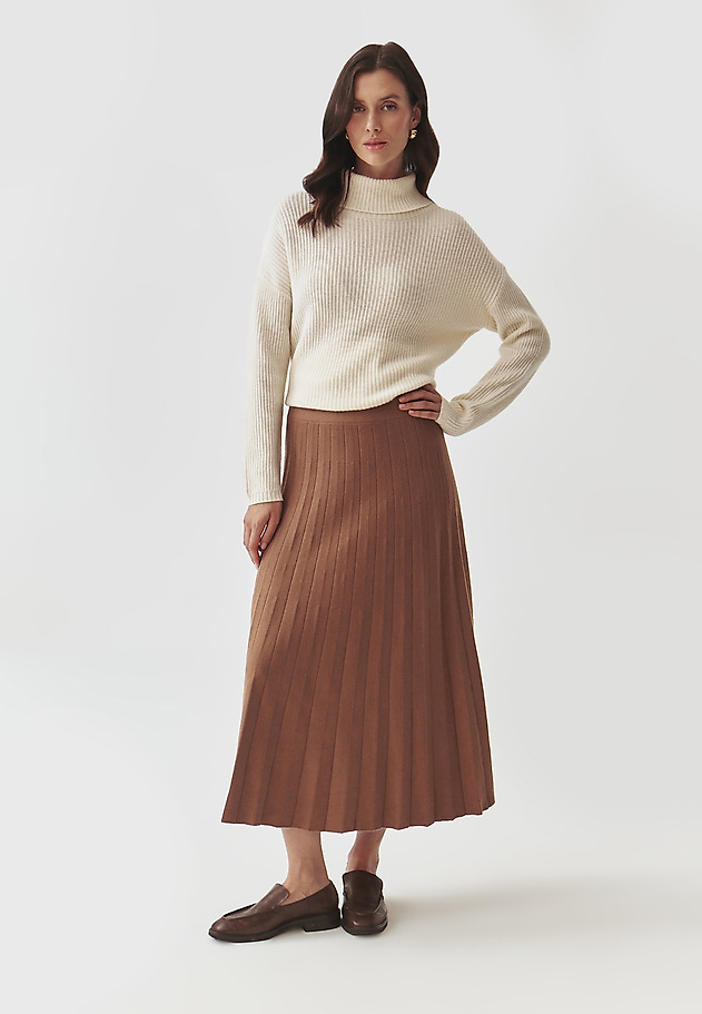 PLEATED MIDI SKIRT IN CHUNKY KNIT FABRIC — WOTO PLEATED MIDI SKIRT IN CHUNKY KNIT FABRIC — WOTO BEŻOWY 1