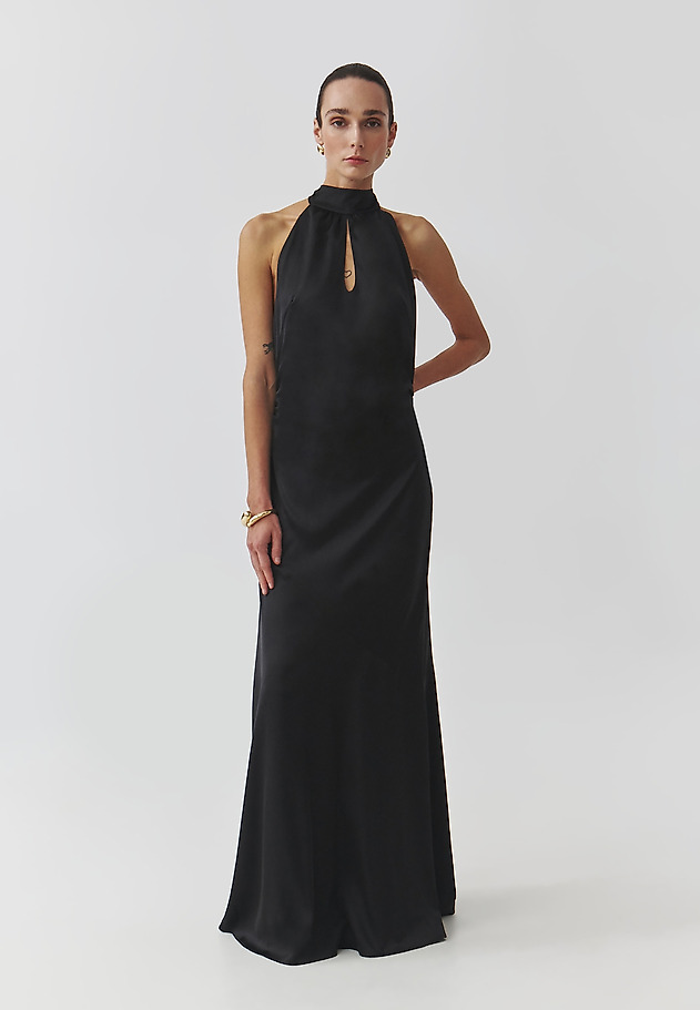 WOVEN SATIN MAXI DRESS WITH OPEN BACK — EMU WOVEN SATIN MAXI DRESS WITH OPEN BACK — EMU CZARNY 1