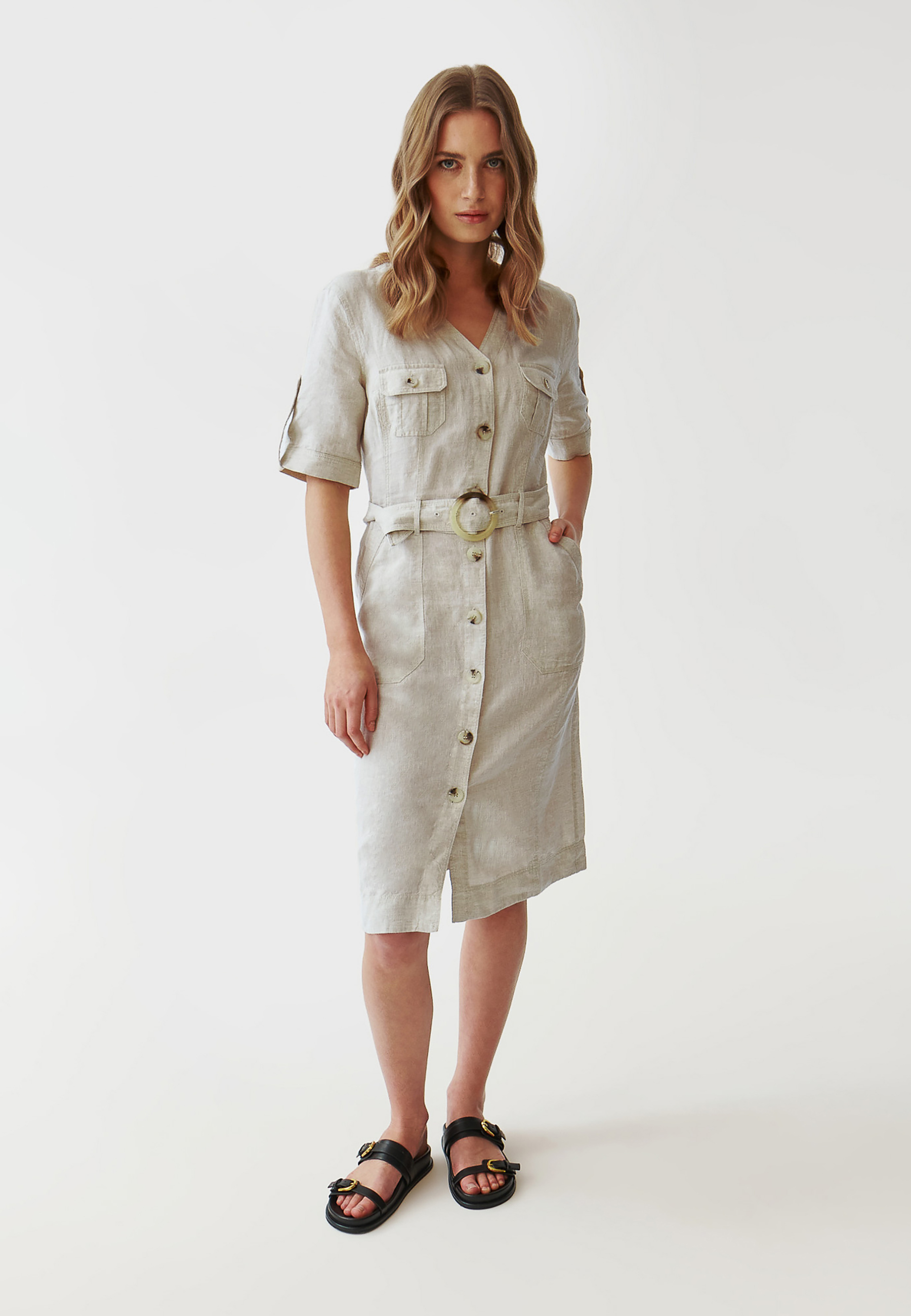 LNĚNÉ KOŠILOVÉ ŠATY S OPASKEM - SOFORIA