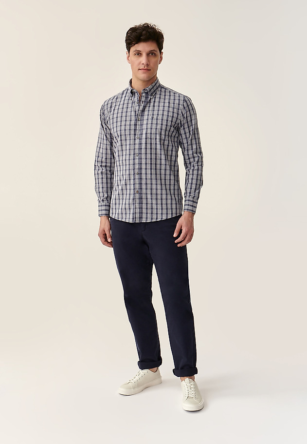 MEN'S CHECKERED COTTON LONG SLEEVE SHIRT - CHARLES 8 CLASSIC MEN'S CHECKERED COTTON LONG SLEEVE SHIRT - CHARLES 8 CLASSIC NAVY BLUE 2