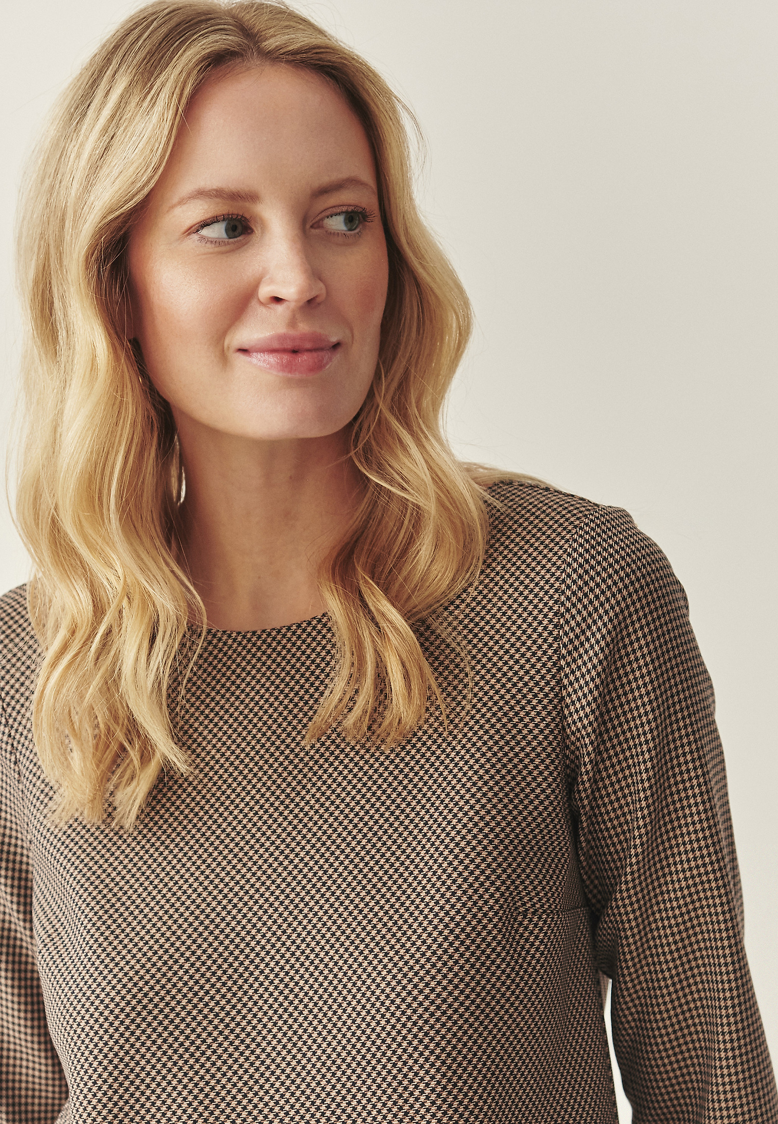 TRAPEZE DRESS IN HOUNDDTOOTH - GRACY TRAPEZE DRESS IN HOUNDDTOOTH - GRACY BEIGE 117574