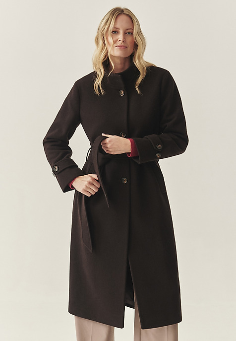 WEŁNIANY PŁASZCZ DAMSKI W KOLORZE GORZKIEJ CZEKOLADY - BORIMA WEŁNIANY PŁASZCZ DAMSKI W KOLORZE GORZKIEJ CZEKOLADY - BORIMA