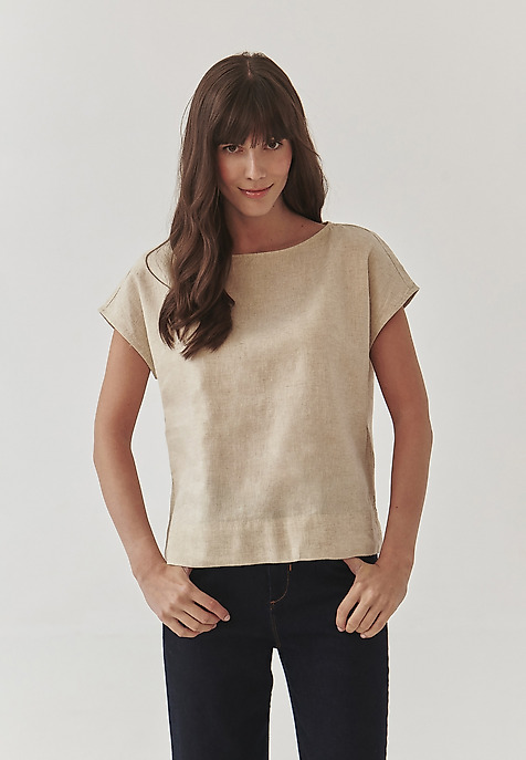 LADIES’ LINEN BLOUSE WITH SHORT SLEEVES - OMA BEIGE 2