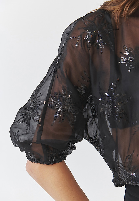 LADIES' SHORT WOVEN SHIRT WITH SEQUIN PATTERN — BRINI BLACK 2