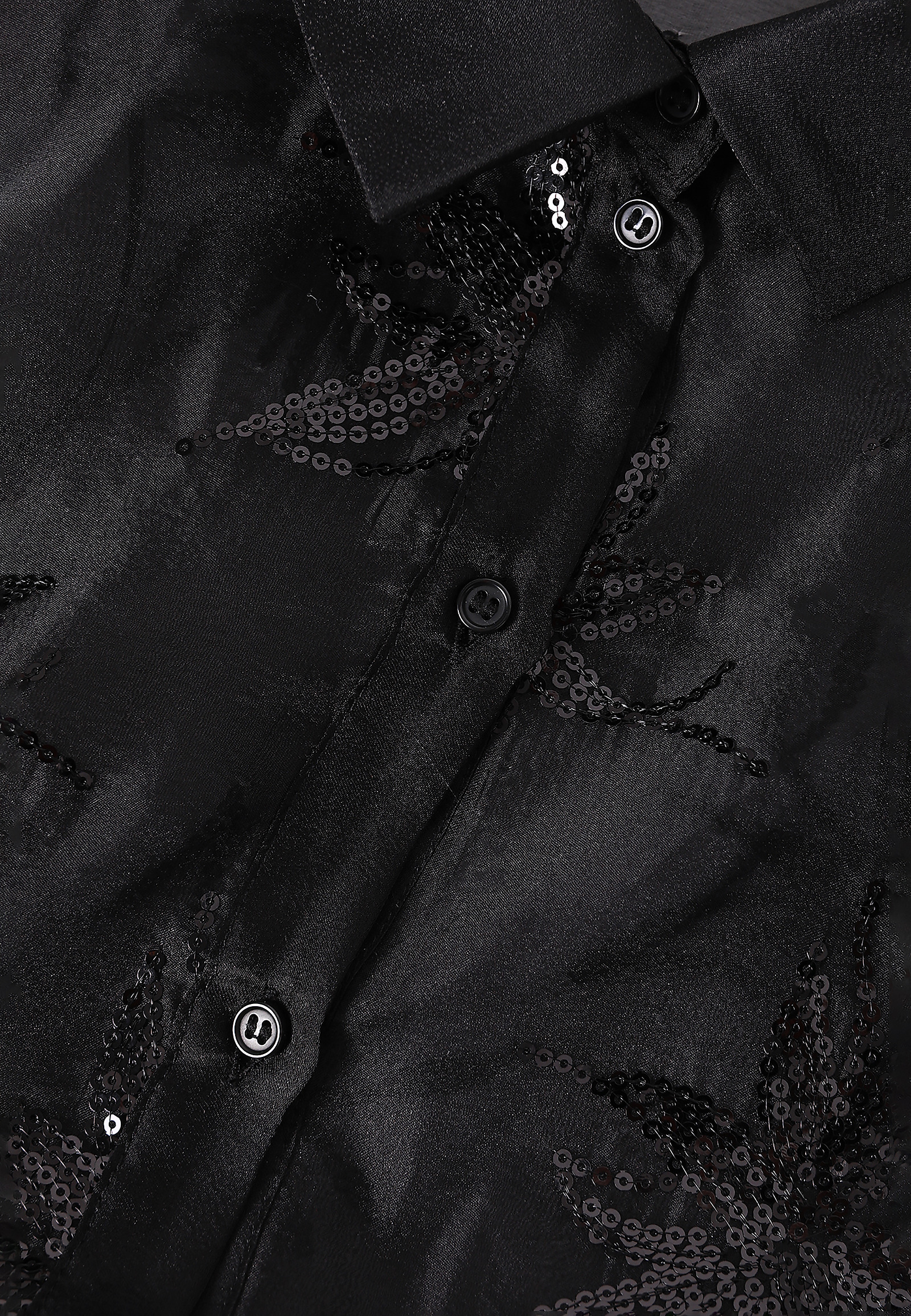 LADIES' SHORT WOVEN SHIRT WITH SEQUIN PATTERN — BRINI LADIES' SHORT WOVEN SHIRT WITH SEQUIN PATTERN — BRINI BLACK 102828