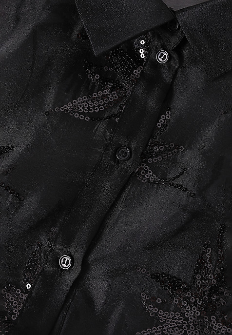 LADIES' SHORT WOVEN SHIRT WITH SEQUIN PATTERN — BRINI BLACK 2