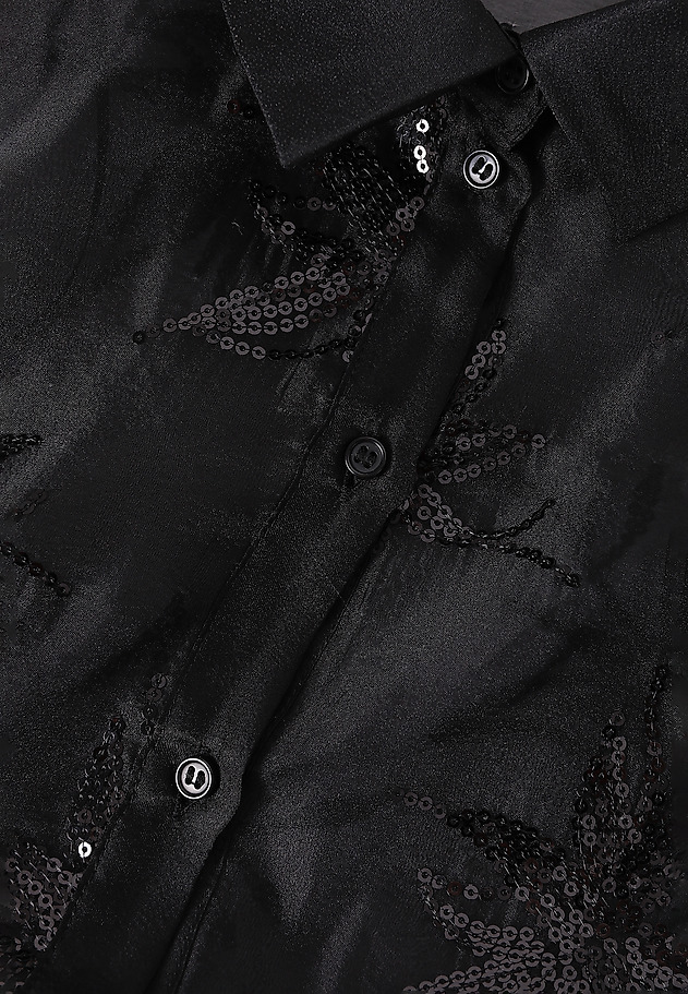 LADIES' SHORT WOVEN SHIRT WITH SEQUIN PATTERN — BRINI LADIES' SHORT WOVEN SHIRT WITH SEQUIN PATTERN — BRINI BLACK 7