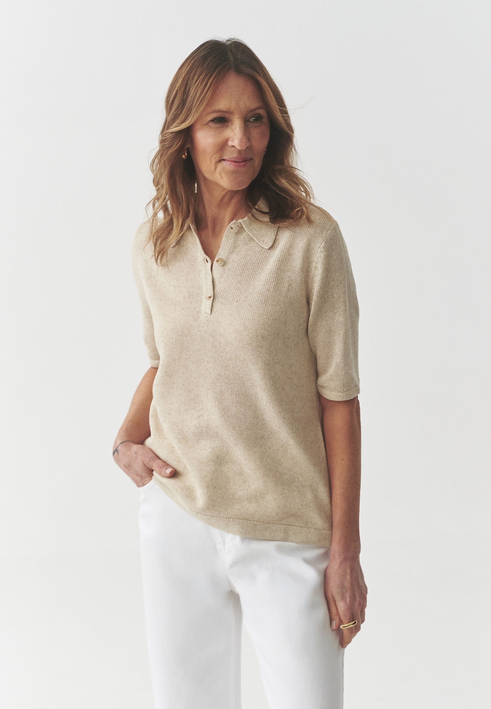 KNITTED BLOUSE WITH LYOCELL AND LINEN — HILDA KNITTED BLOUSE WITH LYOCELL AND LINEN — HILDA BEIGE 105450