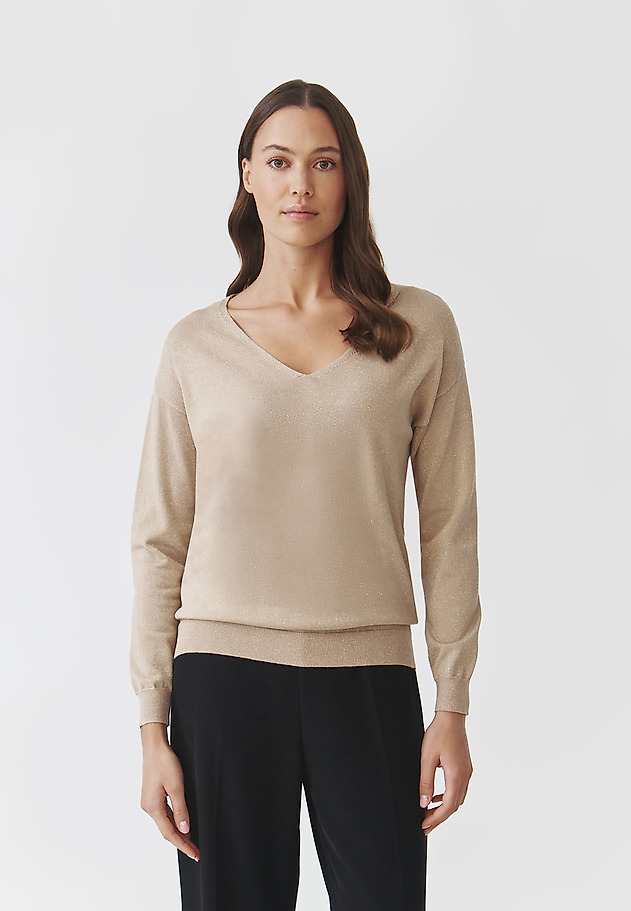 CLASSIC LADIES' JUMPER WITH V-NECK AND SHINY YARN — FLARE 1 CLASSIC LADIES' JUMPER WITH V-NECK AND SHINY YARN — FLARE 1 ŻÓŁTY 3