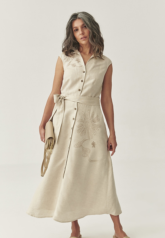 MIDI SCHMISSERIE DRESS IN LINEN AND VISCOSE - RONNA 1 MIDI SCHMISSERIE DRESS IN LINEN AND VISCOSE - RONNA 1 BEIGE 2