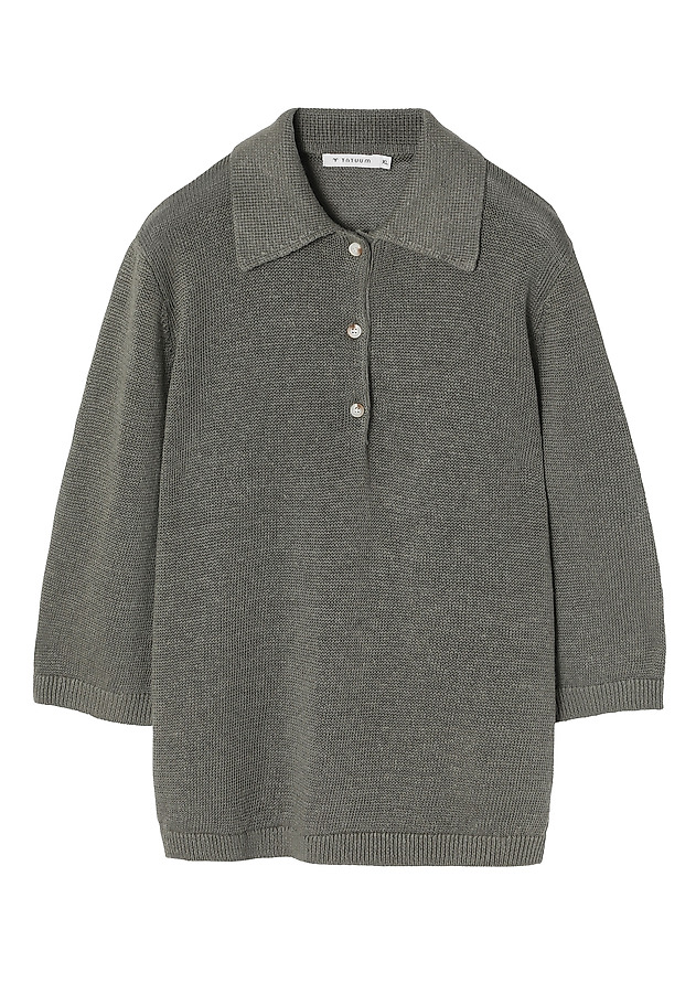 LNIANY SWETER DAMSKI Z KOŁNIERZYKIEM - TASZKA LNIANY SWETER DAMSKI Z KOŁNIERZYKIEM - TASZKA KHAKI 7