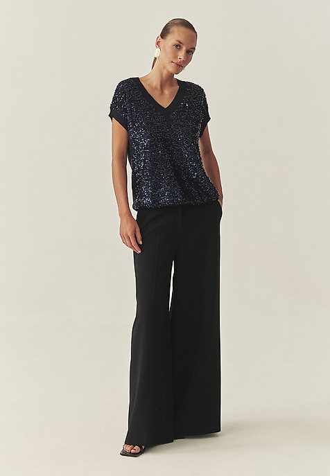 LADIES' SEQUINNED JUMPER WITH WAISTCOAT CUT — ICOMA NAVY BLUE 2