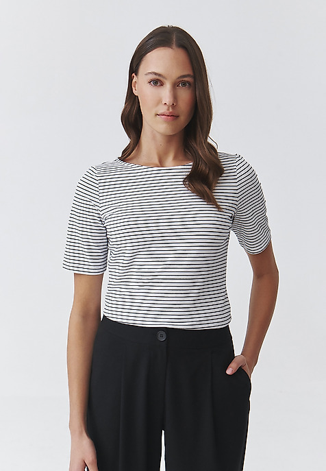 FITTED KNITTED CROSS-STRIPED BLOUSE FOR LADIES — LUMIKO 1 FITTED KNITTED CROSS-STRIPED BLOUSE FOR LADIES — LUMIKO 1