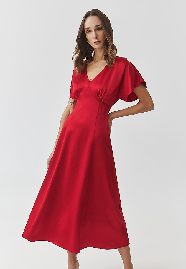 WOVEN SATIN MIDI DRESS — OTESSA WOVEN SATIN MIDI DRESS — OTESSA RED 1