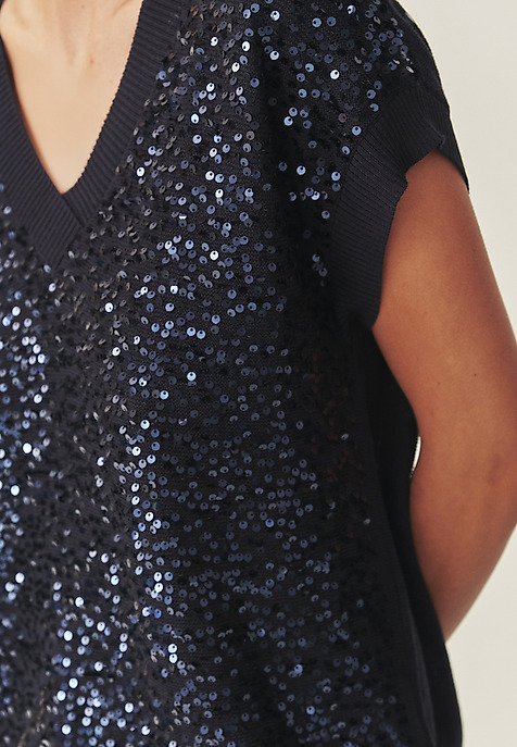LADIES' SEQUINNED JUMPER WITH WAISTCOAT CUT — ICOMA NAVY BLUE 2
