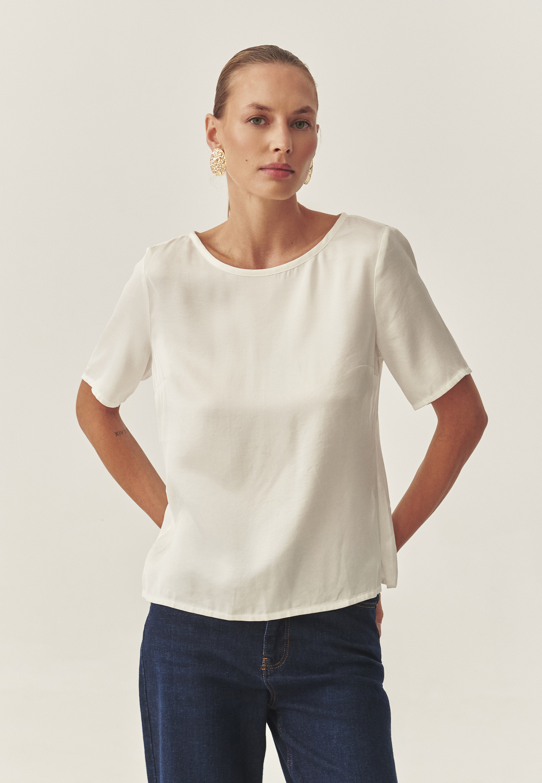 BLUZĂ DE DAMĂ, DIN VISCOZĂ, CU MÂNECI SCURTE - MEKJA 1 ECRU 2